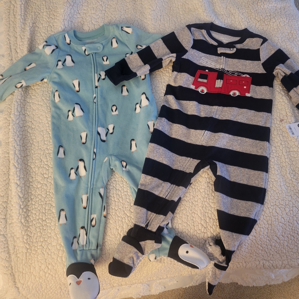 Blue Penguin and Gray Striped Fire Truck Kids One Pieces